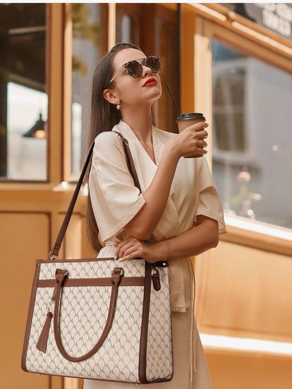 Elegant Monogram Laptop Tote Structured Work Bag Brown Neutral 15.6”